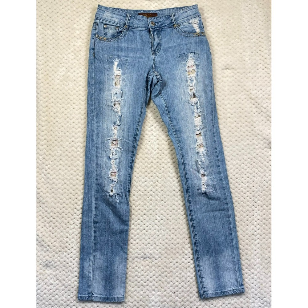 SIZZLE Jeans Womens Distressed Patched Skinny Stretch Denim Blue Size 5